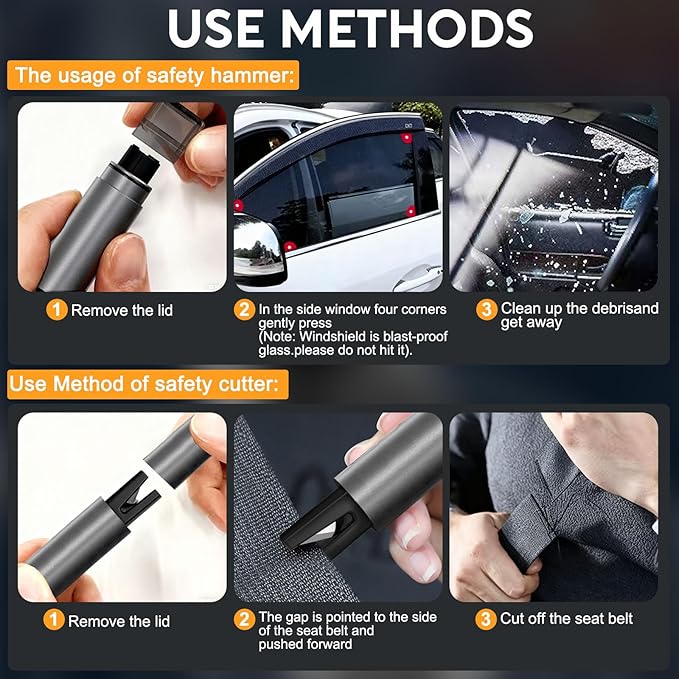 Safehammer - 3-in-1 Upgraded Safe Hammer Glass Breaker Under Water, Car Hammer Seatbelt Cutter Window Breaker & Survival Whistle Emergency Escape Tool, Safehammer Glass Breaker for All Cars (2PCS)