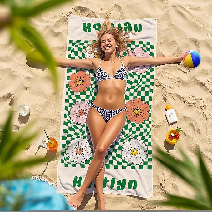 JML Personalized Beach Towel with Name, Custom Flower Beach Towel, Customized Microfiber Pool Towel, Quick Dry & Absorbent Swim Towel for Adult,Mother's Day, Birthday, Summer Holiday,Vacation