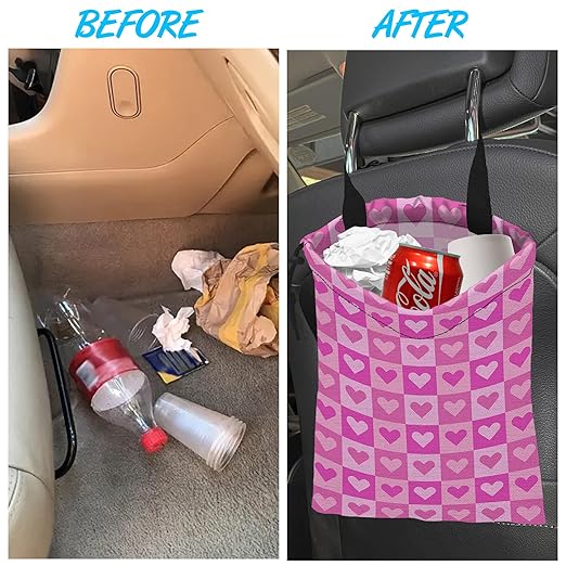 Car Trash Bag Hanging Pink Love Car Trash Can Waterproof Garbage Bag Hanging for Car Back Seat with Adjustable Straps and Drawstring for Car Accessories Vehicle Travelling