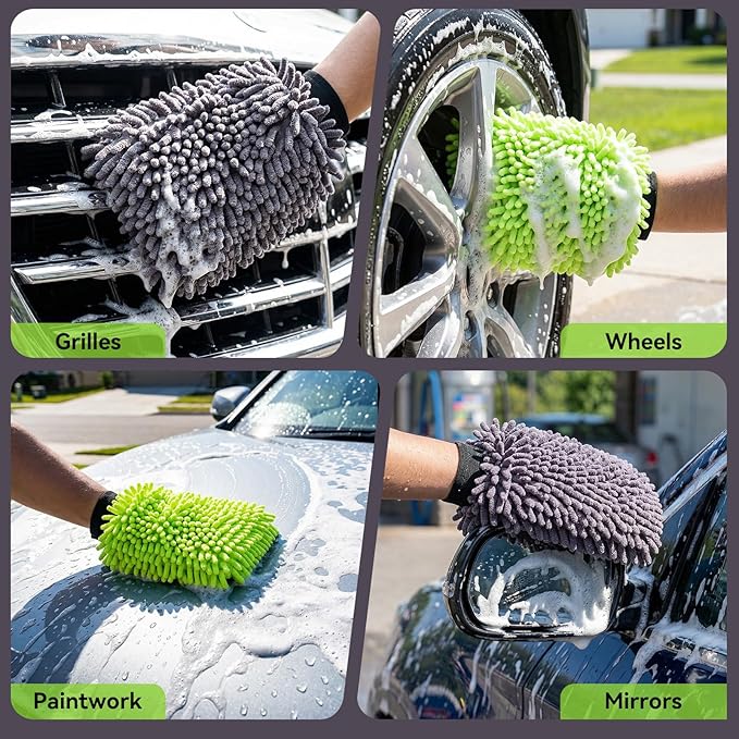 4Pack Scratch-Free Car Wash Mitt with Elastic Wrist Cuff & Waterproof Lining, High-Density Microfiber Mitt for Car Detailing, Protects Hands & Paint,Household Cleaning Glove Set(Grey)