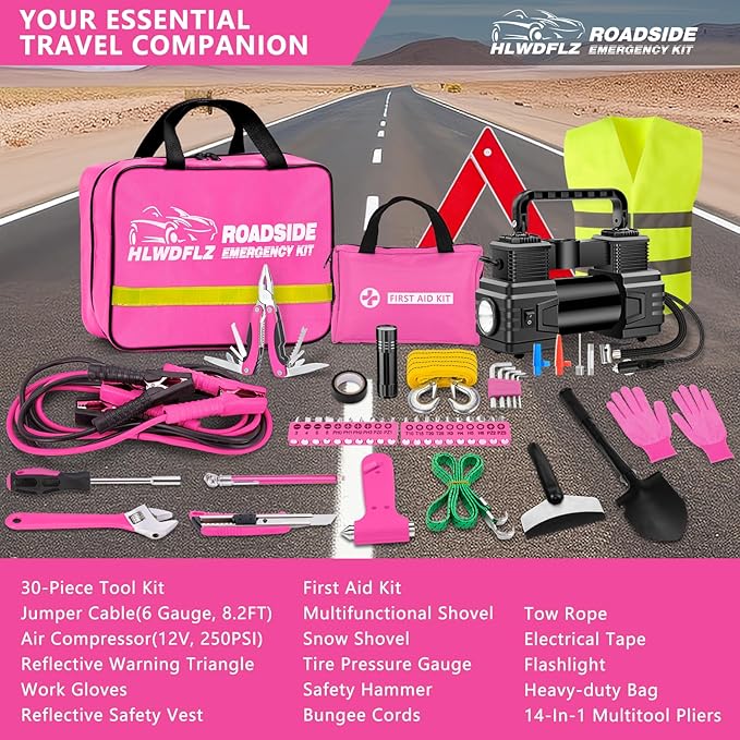 Car Emergency Kit with Portable Air Compressor - Roadside Assistance Emergency Kit with Jumper Cables, First Aid Kit, Auto Tool Set, Winter Safety Kit for Women, Men, Teen (Pink)