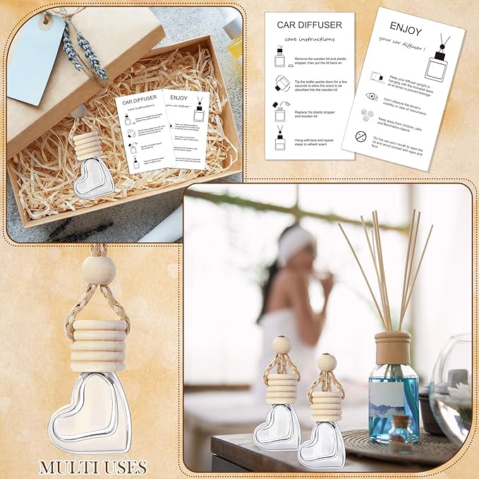 100 Sets Car Diffuser Bottles Empty Bulk Hanging Car Air Freshener Diffuser Bottles Glass Perfume Holder with Instruction Cards for Essential Oil Valentines Birthday Gifts (Heart)