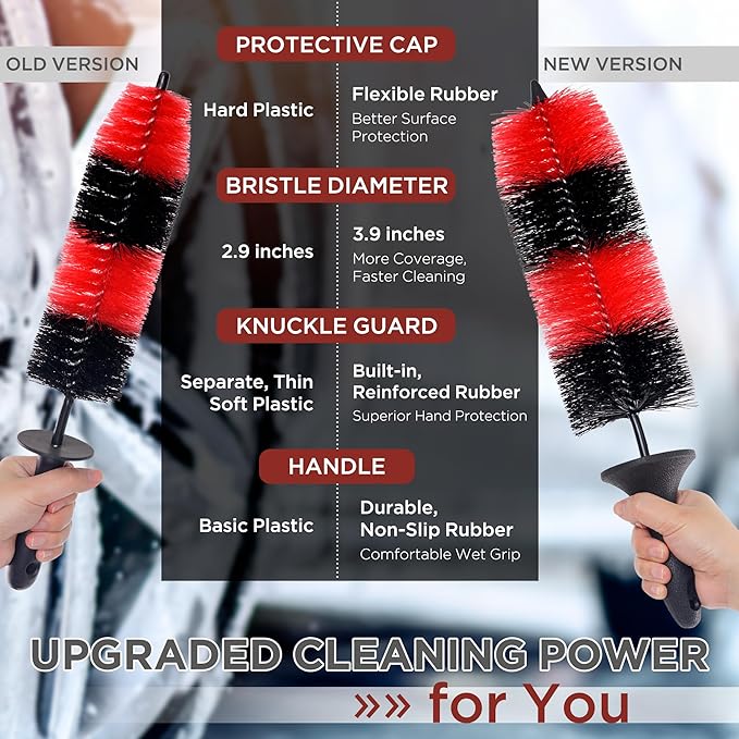 (Upgraded) TAKAVU Premium Wheel & Tire Brush, Long Bristle Detailing Brush for Effortless Rim & Tire Cleaning, Non-Slip Handle, Built-in Knuckle Guard, Deep Reach for Brake Dust & Dirt Removal (Red)