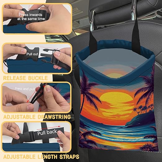 Beach Sunset Car Garbage Bag,Coconut Trees Small Car Trash Bag Hanging,Drawstring Car Garbage Bag with Adjustable Buckle for Car Back Seat,SUVs,Camping,Road Trips