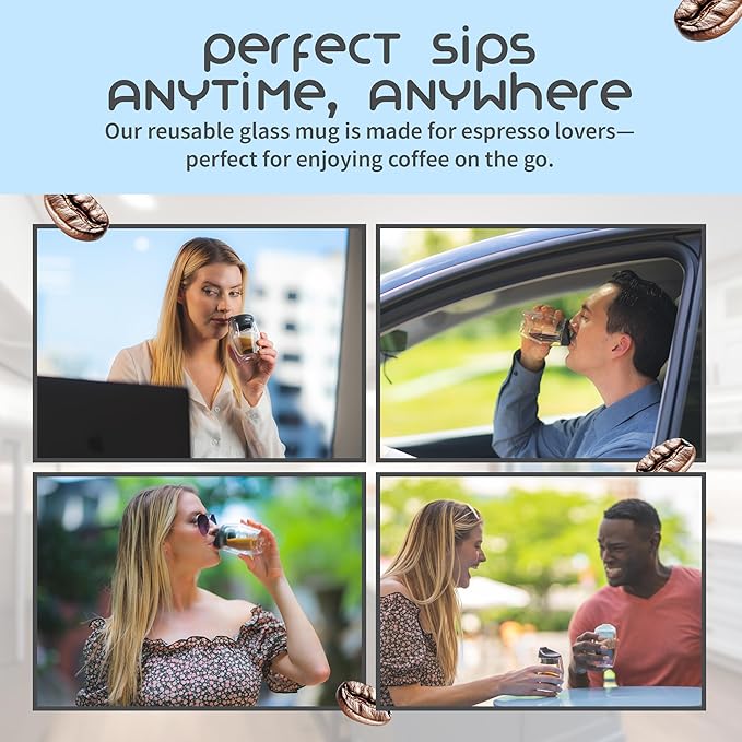 To-Go Espresso Glass Travel Mug with Lid, Reusable Double Wall Glass Tumbler, Fits Most Coffee Makers & Cupholders for Your Car, Gifts for Coffee Lovers, 4.5 oz Cortado Cup, Almost Black