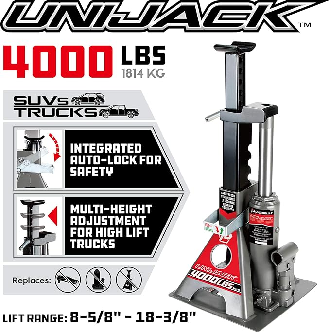Powerbuilt 2 Ton UniJack Combination Hydraulic Bottle Jack / Jackstand in 1 Unit, Compact, Portable, Wide Base, for Unibody Sedans, CUVs, SUVs, Cars, - 620470