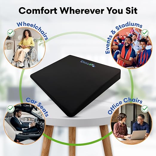 ERGO21 LiquiCell Sports Cushion - 2 Inch Thick Seat Pad for Tailbone, Hip & Lower Back Pain Relief - Ergonomic Comfort for Car, Office, Stadium, Travel & Wheelchairs- Better Than Gel, Foam or Air