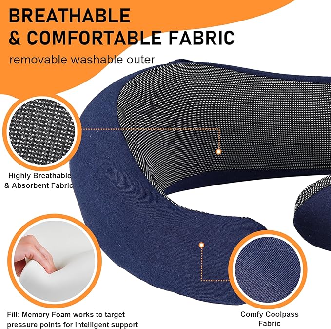 Travel Pillow - Hooded Neck Pillow Airplane Memory Foam Filling for Plane, Office, Cars Sleeping, Road Trip, Long Flights, Portable Plane Accessories, Includes Eye Mask & Earplugs (Navy)