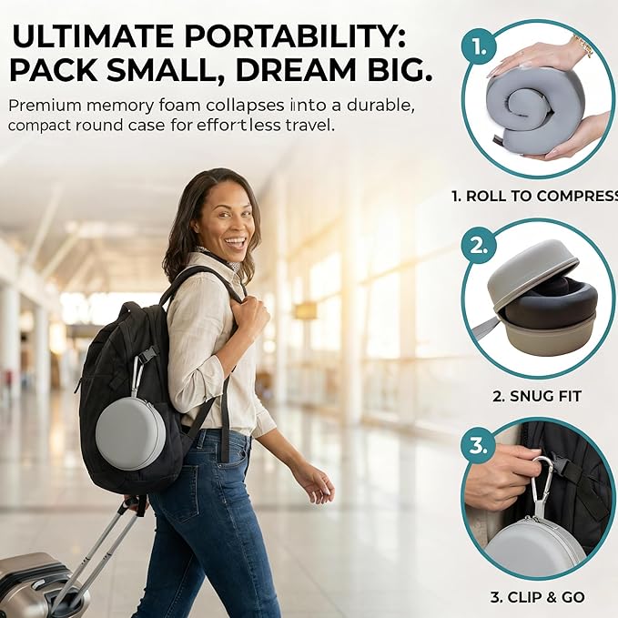 Memory Foam U Shaped Travel Neck Pillow with Compact Carry Case - Ideal for Airplanes, Car Trips & Long Flights, Travel Essentials