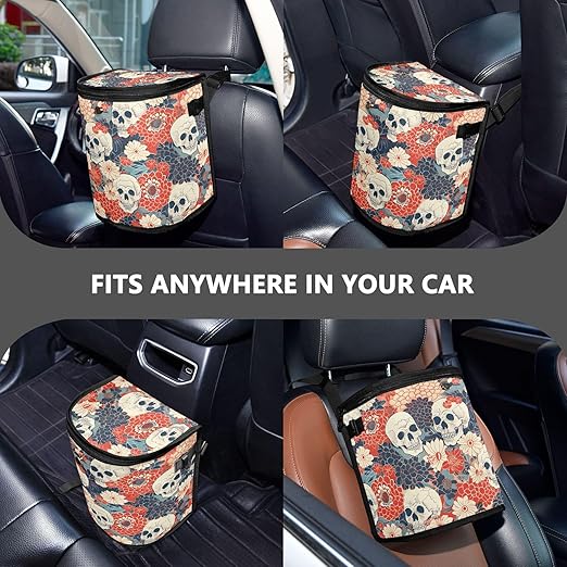 MNSRUU Car Trash Can with Lid, Flowers and Skulls Car Trash Bag Hanging Organizers and Storage for Front Back Seat, Leak-Proof Trash Bin