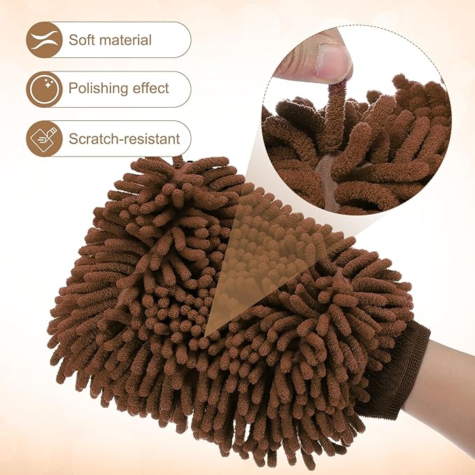 HARFINGTON Chenille Microfiber Car Wash Mitts 9.8" x 7.9" Scratch Free Wash Gloves Absorbent Double Sided Plush Cleaning Drying Mitts for Car Washing Home Clean, Brown