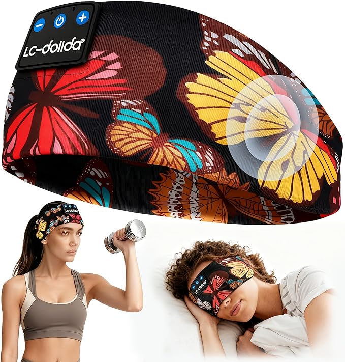 LC-dolida Sleep Headphones Headband Bluetooth 5.4, Sports Headband Earphones Wireless with Speaker Microphone USB C for Women Sleeping Gift Workout Jogging Yoga Insomnia Travel Meditation, Butterfly