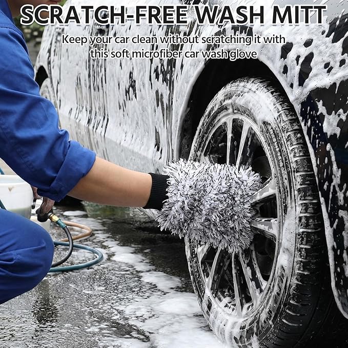 4 Pack Microfiber Car Wash Mitts Set 10x7 Inch Soft Suede Lining Car Wash Gloves, Highly Absorbent Scratch-Free Cleaning Cloths for Auto Detailing, Safe with All Soaps, Bucket(Black)