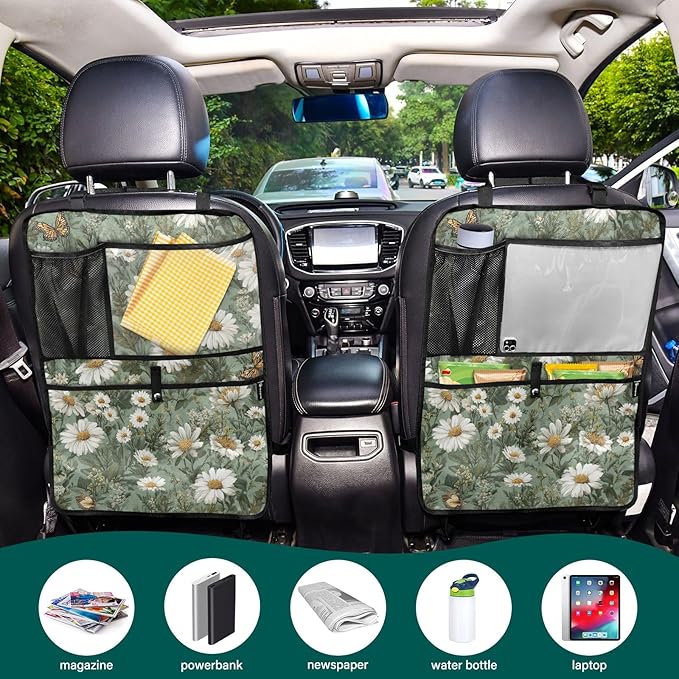 1 Pack Back Seat Car Organizer with Storage Pockets Kick Mats Back Seat Protector Hanging Car Organizer Automotive Seat Back Cover Organizers Summer Daisy Butterfly Green