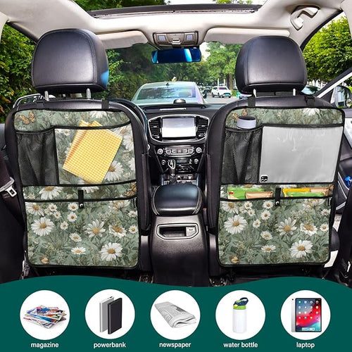 1 Pack Back Seat Car Organizer with Storage Pockets Kick Mats Back Seat Protector Hanging Car Organizer Automotive Seat Back Cover Organizers Summer Daisy Butterfly Green
