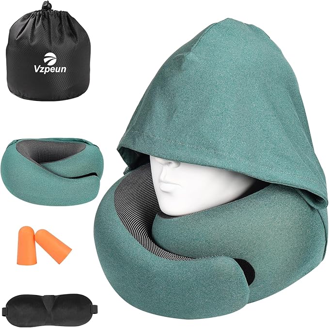 Travel Pillow - Hooded Neck Pillow Airplane Memory Foam Filling for Plane, Office, Cars Sleeping, Road Trip, Long Flights, Portable Plane Accessories, Includes Eye Mask & Earplugs (Green)