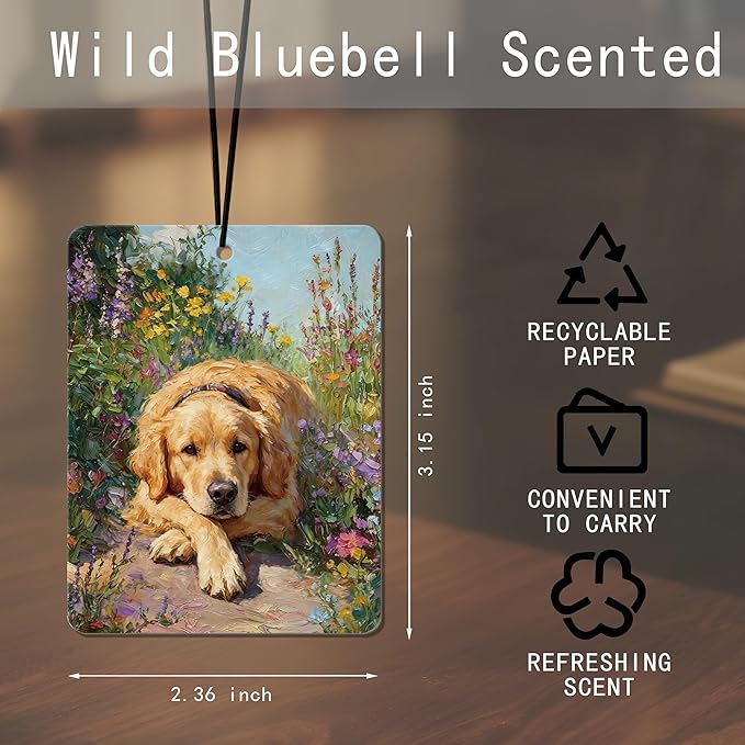 Vintage Golden Retriever Floral Air Freshener 4Pcs, Artistic Dog & Flower Field Air Freshener for Car Interior, Closet, Drawer, Books, Car Mirror Decor Hanging, Gift for Dog Lovers