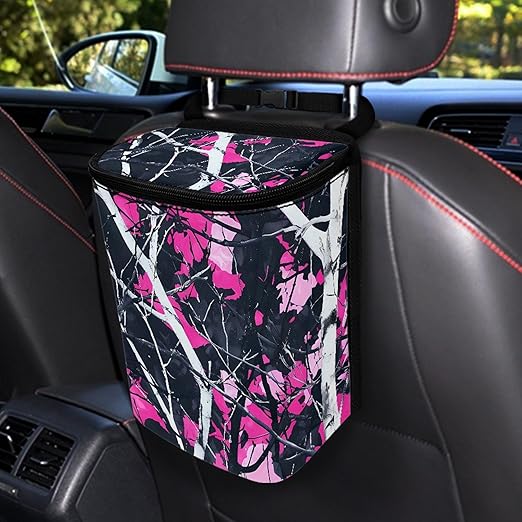 Pink Camo Car Trash Bin for Back Seat Collapsible Hunting Forest Trash Bag Automotive Garbage Can Auto Accessories Interior Car Organizer