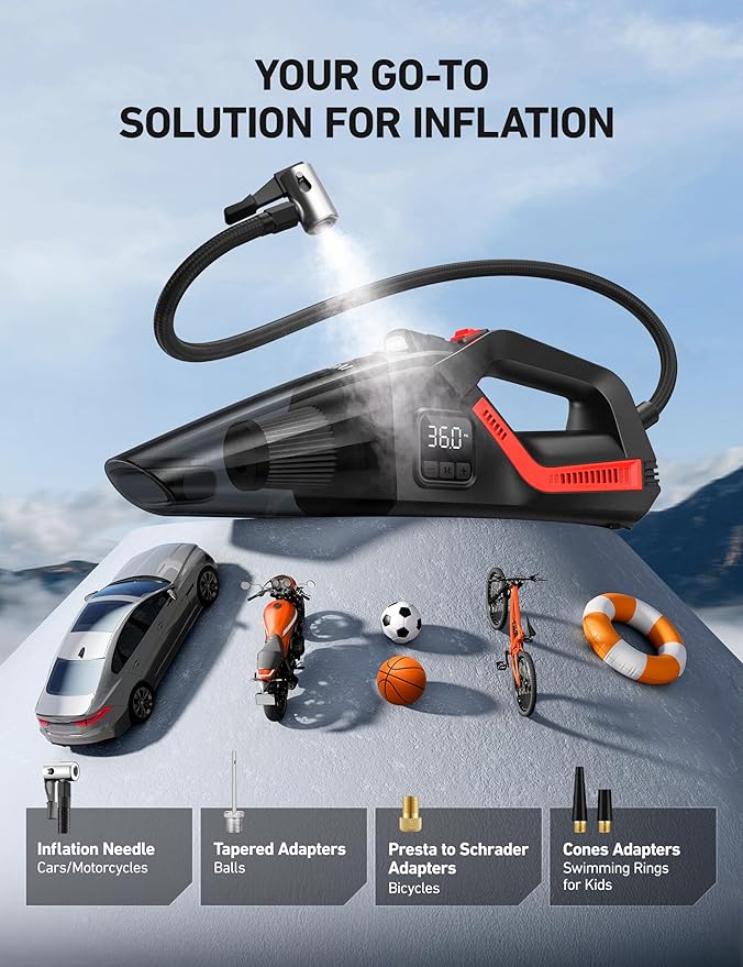 AstroAI 4-in-1 Car Vacuum Cleaner and Tire Inflator Portable with Accessories Air Compressor Digital Dual Values Display, 150 PSI Car Tires Air Pump with LED Light, 12V DC, 16.4FT Cord for Auto