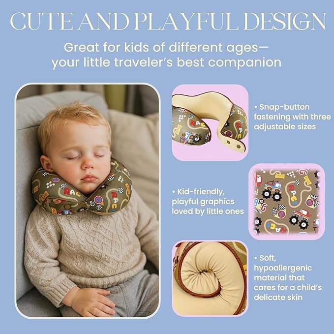 SKYTRAX® Certified Kids Safe Memory Foam Travel Neck Pillow for Kids and Toddlers, Cute Cartoon Design, Car Seat & Airplane Head Neck Support, Adjustable Snap Button, Washable Soft Cover (Racecar)