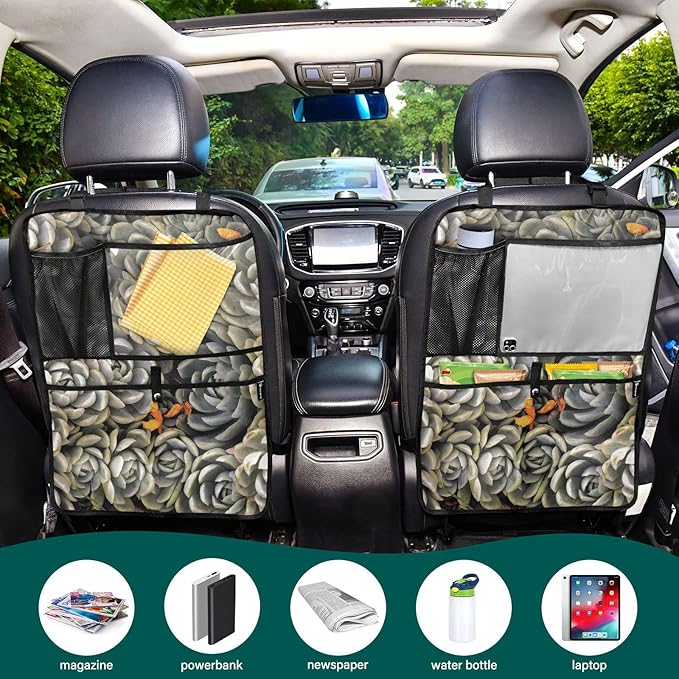 1 Pack Backseat Car Organizer with Storage Pockets Seat Back Organizers for Kids Kick Mats Backseat Protector Automotive Succulents Pattern