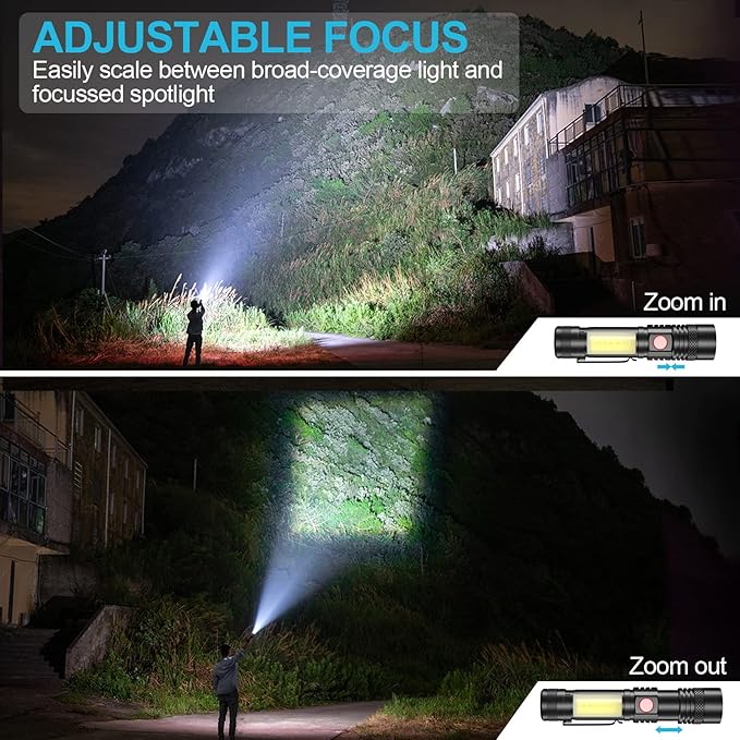 Rechargeable Flashlight, Super Bright LED Flashlight with COB sidelight, Zoomable, Waterproof, 4 Modes, Tactical Flashlight for Camping, Emergency