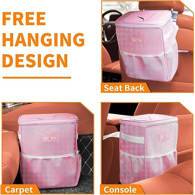 HOTOR Car Trash Can with Lid and Storage Pockets - 100% Leak-Proof Organizer, Waterproof Garbage Can, Multipurpose Trash Bin for Car, 2 Gallons, Pink