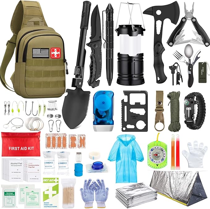 Emergency Survival Kit, 151 Pcs Survival Gear First Aid Kit, Outdoor Trauma Bag with Tactical Flashlight Knife Pliers Pen Blanket Bracelets Compass for Camping Earthquake or Adventures