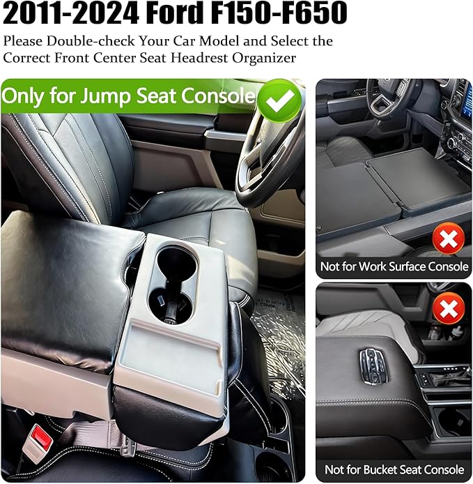 Jump Seat Front Seat Headrest Organizer for 2011-2026 Ford F150-F650 Super Duty Accessories- Truck Interior Storage Tray with Deep Cup Holder, Cable Hole, Non-Slip Silicone Mat & Coin Container