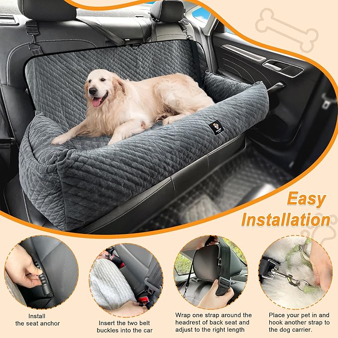 Dog Car Seat for Medium/Large Dogs Under 100 Lbs,Multi-Functional Dog Car Bed Washable Pet Travel Safety with Thick Cushion, Soft Safe Removable,for All Cars Back Seat（Grey）