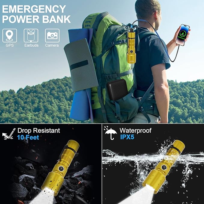 Banral Flashlights High Lumens Rechargeable, Super Bright Long Range Small Powerful Flashlight, 6 Modes LED Tactical Pocket Waterproof Flash Light for Home Emergency (2, Yellow Gold)