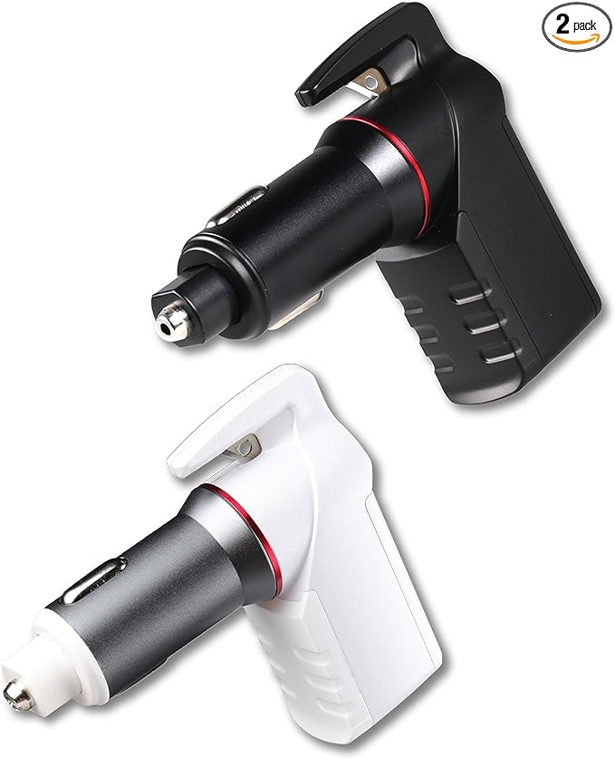 Stinger USB Emergency Escape Tool: Life-Saving Rescue Car Charger, Spring Loaded Window Breaker, Seat belt Cutter, Dual USB Ports Max. 2.4A (1x Black and 1x White Stinger)
