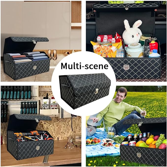 Trunk Organizer for Car With Lid,Foldable Trunk Organizer for SUVs & Sedans,Multi-Functional Leather Storage Box- Black Grid - Small
