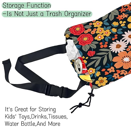 Colorful Flowers Car Trash Bag,Floral Bouquets Hanging Drawstring Car Garbage Bag,Waterproof Canvas Car Back Seat Organizer with Adjustable Buckle,for Vehicles,SUVs,Camping,Road Trips