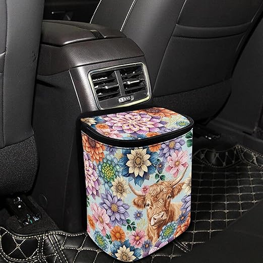 Highland Cow Car Trash Can Dahlia Dustbin Organizer Storage Bag for Most Car Van SUV Truck Sedan Auto Interior Accessory Decor Easy to Clean