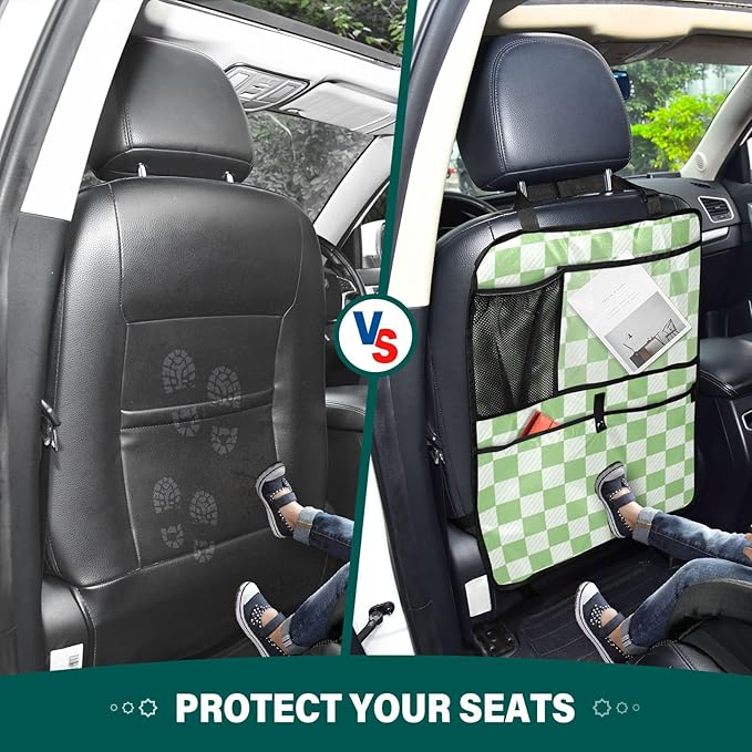 Checkered Light Green 1 Pack Backseat Car Organizer with Storage Pockets Seat Back Organizers for Kids Kick Mats Backseat Protector Automotive