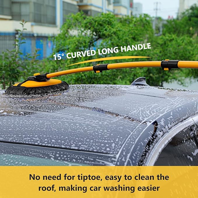 Car Wash Brush with Long Handle, 15°Curved Car Cleaning Brush with Replaceable Head Cover, Truck Washing Brushwith Telescopic Handle Wash Mop Kit 5PCS