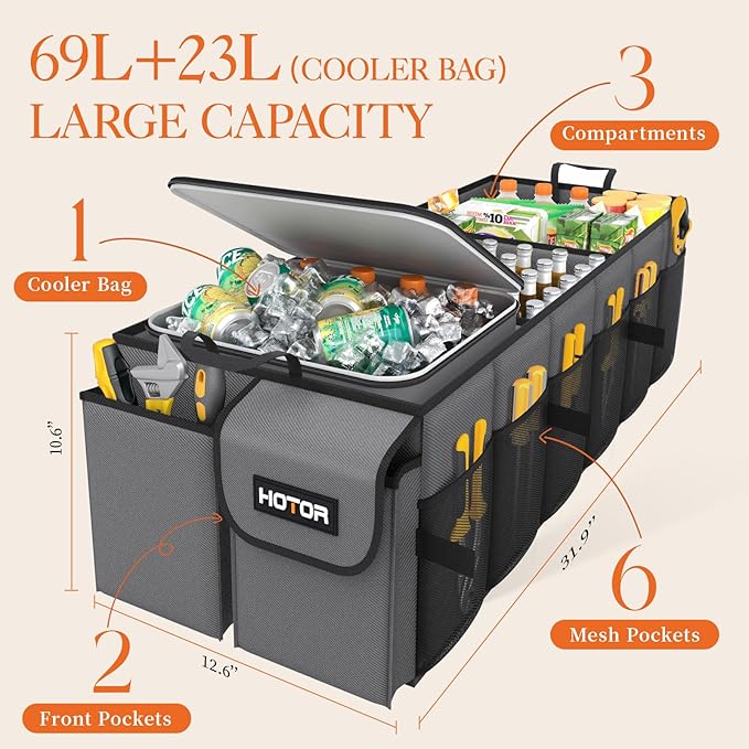 HOTOR Trunk Organizer, Sturdy Foldable with Cooler for Car & SUV, 3 Compartments, Grey, 30.90”×12.60”×10.63”