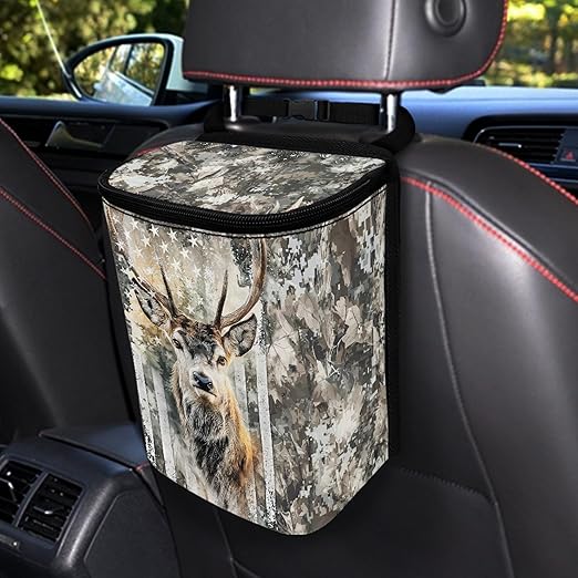 Camo Deer Car Trash Can with Lid USA Flag Car Garage Bag Automotive Garbage Can Reusable Auto Accessories Interior Organizer with Adjustable Straps
