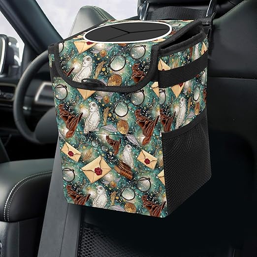 Halloween Wizard Owl Magic Car Trash Can with Lid Collapsible Reusable Waterproof Car Garage Bag,Automotive Garbage Can,Car Accessories Interior Car Organizer