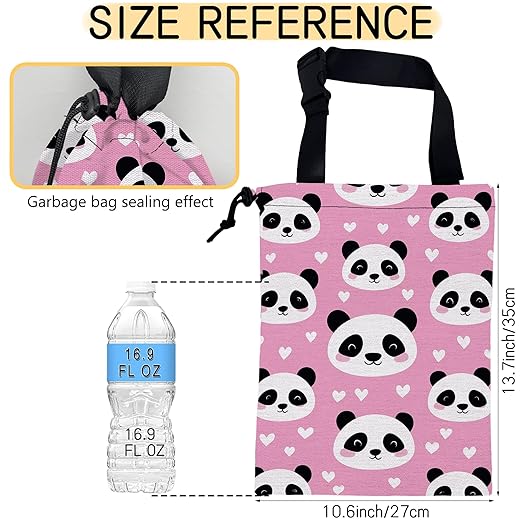 Cute Panda Car Trash Bag, Strap Drawstring Car Garbage Bags,Car Back Seat Organizer with Adjustable Buckle for Car Accessories
