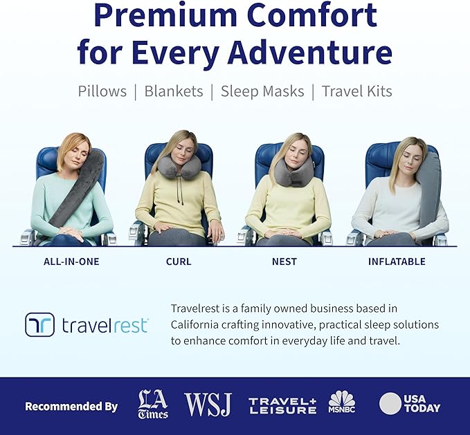 TRAVELREST Nest Neck Support Pillow - Travel Essentials, Memory Foam, Compact Travel Pillow for Long Flights, Plane Sleeping Accessories, Comfortable, Compact, Washable, Attaches to Luggage - Gray
