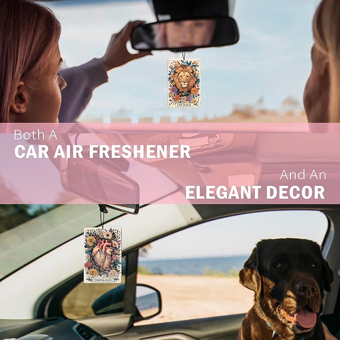 Boho Car Air Freshener 4Pcs, Stoicism Gifts Air Freshener for Car Interior Closet Drawer Books, Boho Stoicism Lion Owl Witchy Floral Tarot Card Car Mirror Decor Hanging
