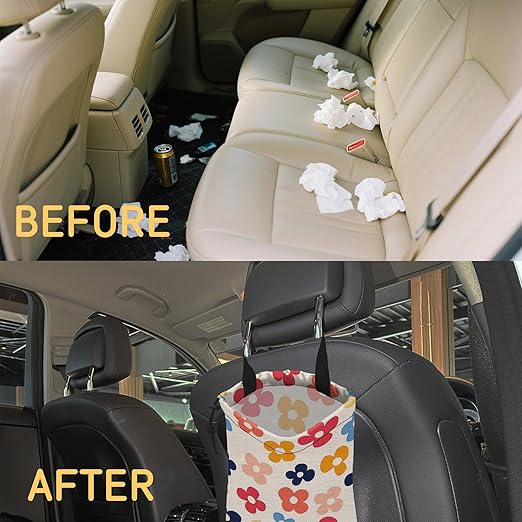 Colorful Groovy Flowers Car Trash Bag, Strap Drawstring Car Garbage Bags,Car Back Seat Organizer with Adjustable Buckle for Car Accessories