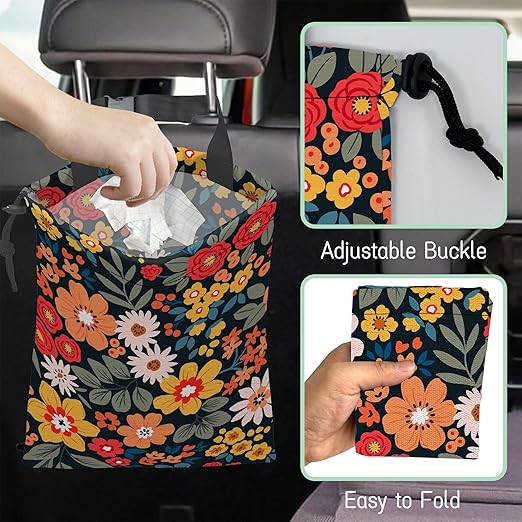 Colorful Flowers Car Trash Bag,Floral Bouquets Hanging Drawstring Car Garbage Bag,Waterproof Canvas Car Back Seat Organizer with Adjustable Buckle,for Vehicles,SUVs,Camping,Road Trips