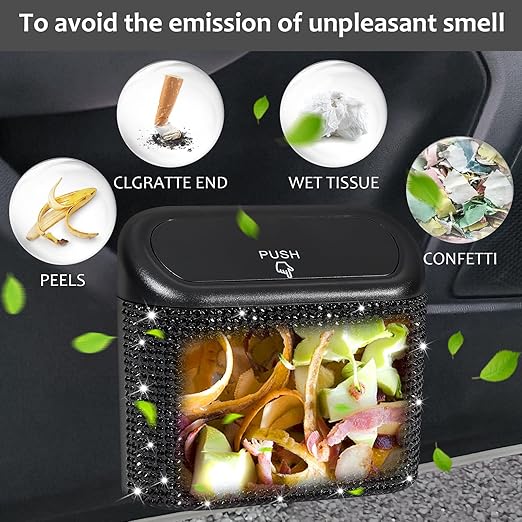 Accmor Bling Car Trash Can with Lid, Mini Auto Garbage Storage Bin with 60pcs Garbage Bags, Sparkling Crystal Trash Bags Holder Dustbin Vehicle Accessories Container Organizer (Black Rhinestone)