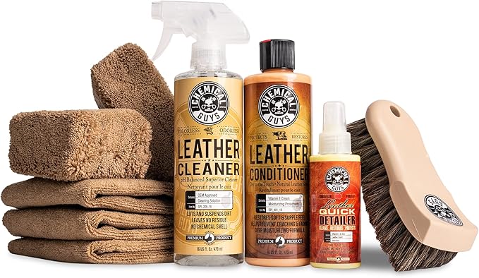 Chemical Guys Leather Cleaner and Conditioner Detailing Kit - Leather Care Kit For Natural, Synthetic, Faux, Pleather, and More for Car Interiors, Apparel, Furniture, Boots & Accessories - 9 Items