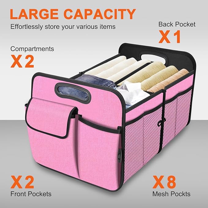 Trunk Organizer, Collapsible Trunk Organizers and Storage, Car Accessories for Women and Men, Multi-Compartment Trunk Storage Organizer for SUV, Car, Mini-Van, Pink