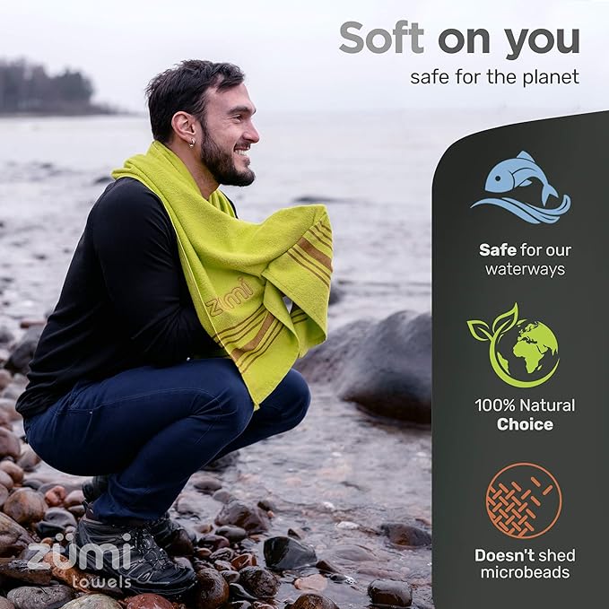 Zumi 100% Cotton Quick Dry Travel Towel - Soft, Thin, Compact, Highly Absorbent, Lightweight Camping Towel for Beach, Gym, Bath, Shower, Swimming, Dorm, RV - Green