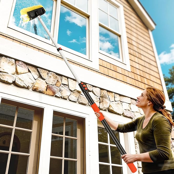 12FT Car Wash Brush with Extension Pole - Telescoping Long Handle Cleaning Tool with Non-Scratch Soft Bristles - Heavy Duty Aluminum Pole for RV, Truck, Boat, Solar Panels & High Windows